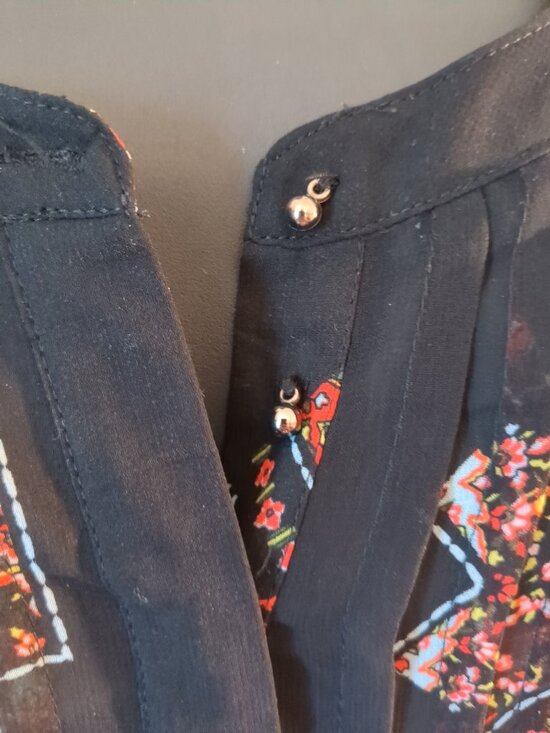 Sheer Black Partial Button Blouse / Tunic with colors of red / yellow /cream / - Picture 4 of 16